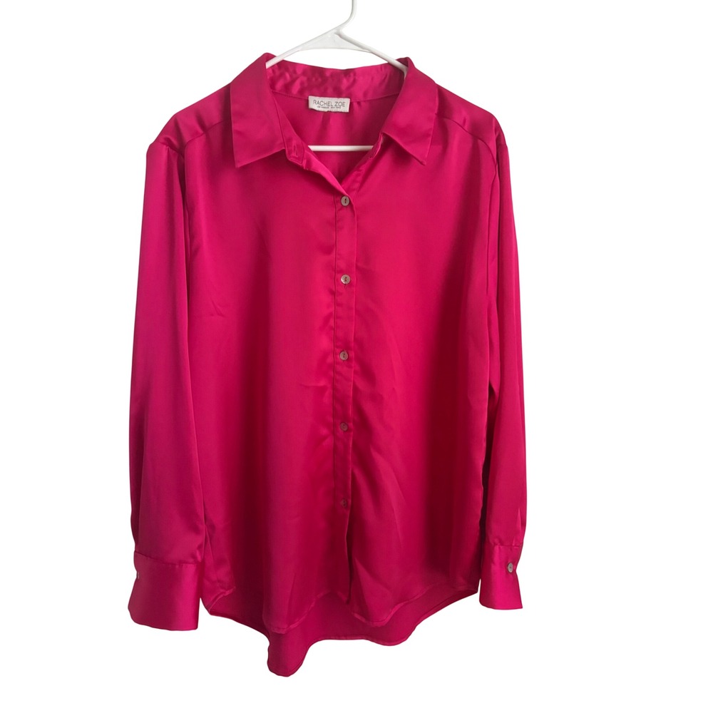 Rachel Zoe Magenta Pink Satin Button Down Blouse Long Sleeve Top